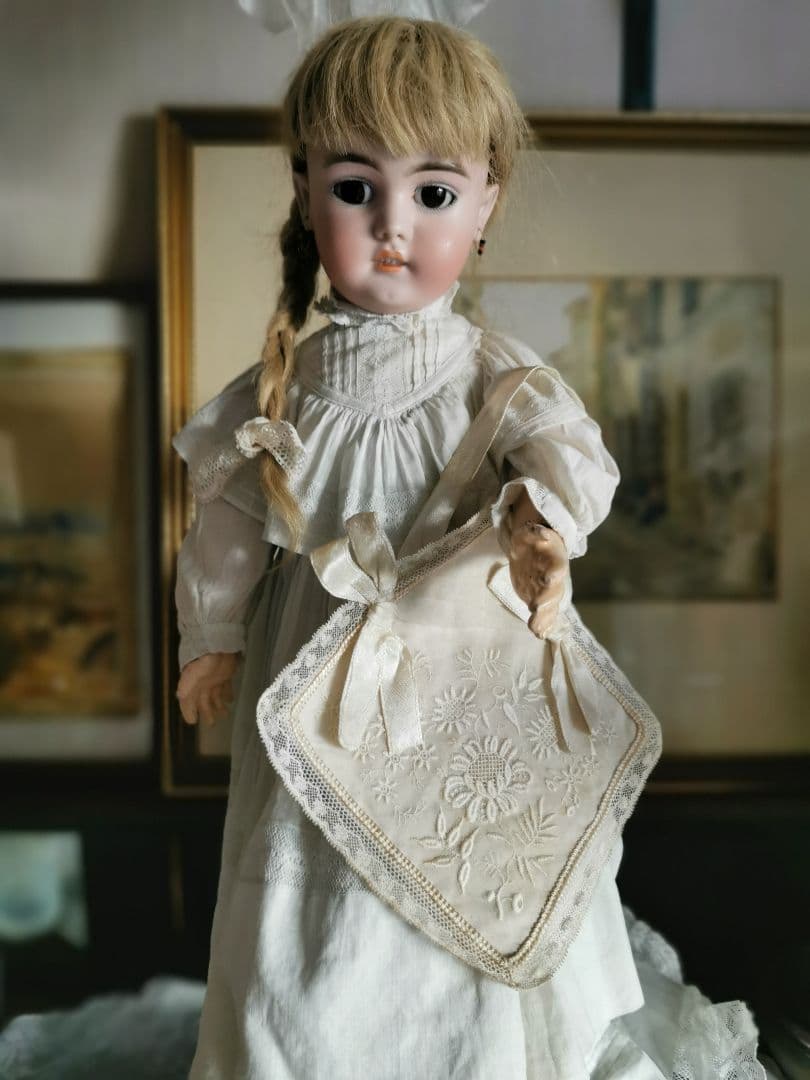 アンティーク 初聖体式 花刺繍&プリーツ リネンシルク オモニエール 二重バッグ