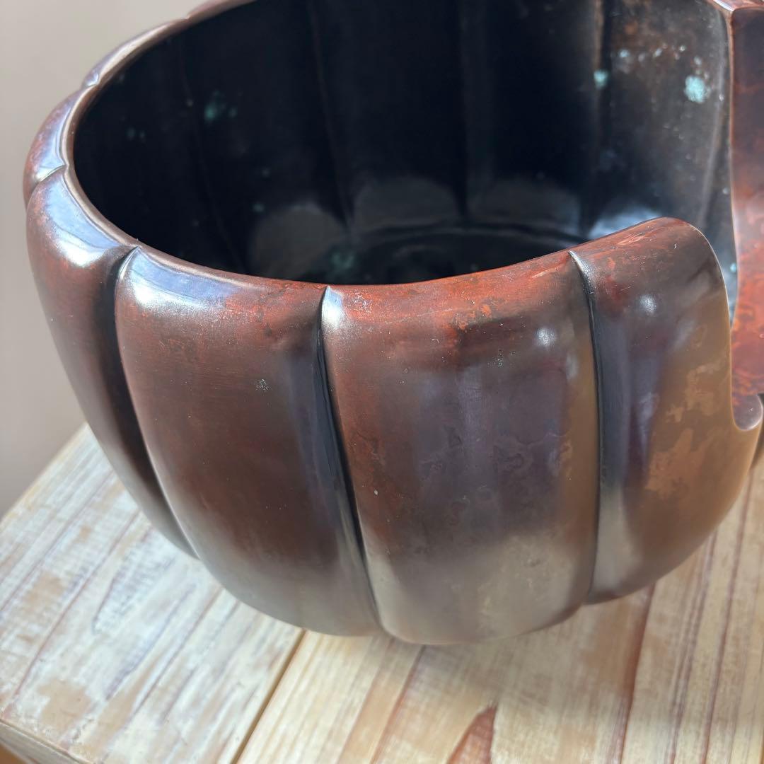 斑紫銅製 阿古陀形三足風櫨 瓶掛 面取風炉 天下一瑞彫人 茶道 茶道具 古道具