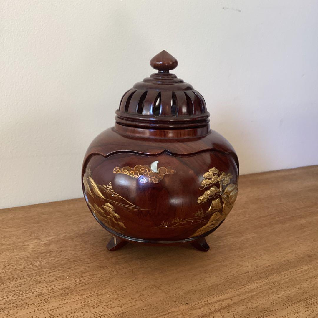 三足香炉　雲龍作　高級紫檀　蒔絵香炉　金蒔絵　山水之図　松　鶴　竹　木製木製