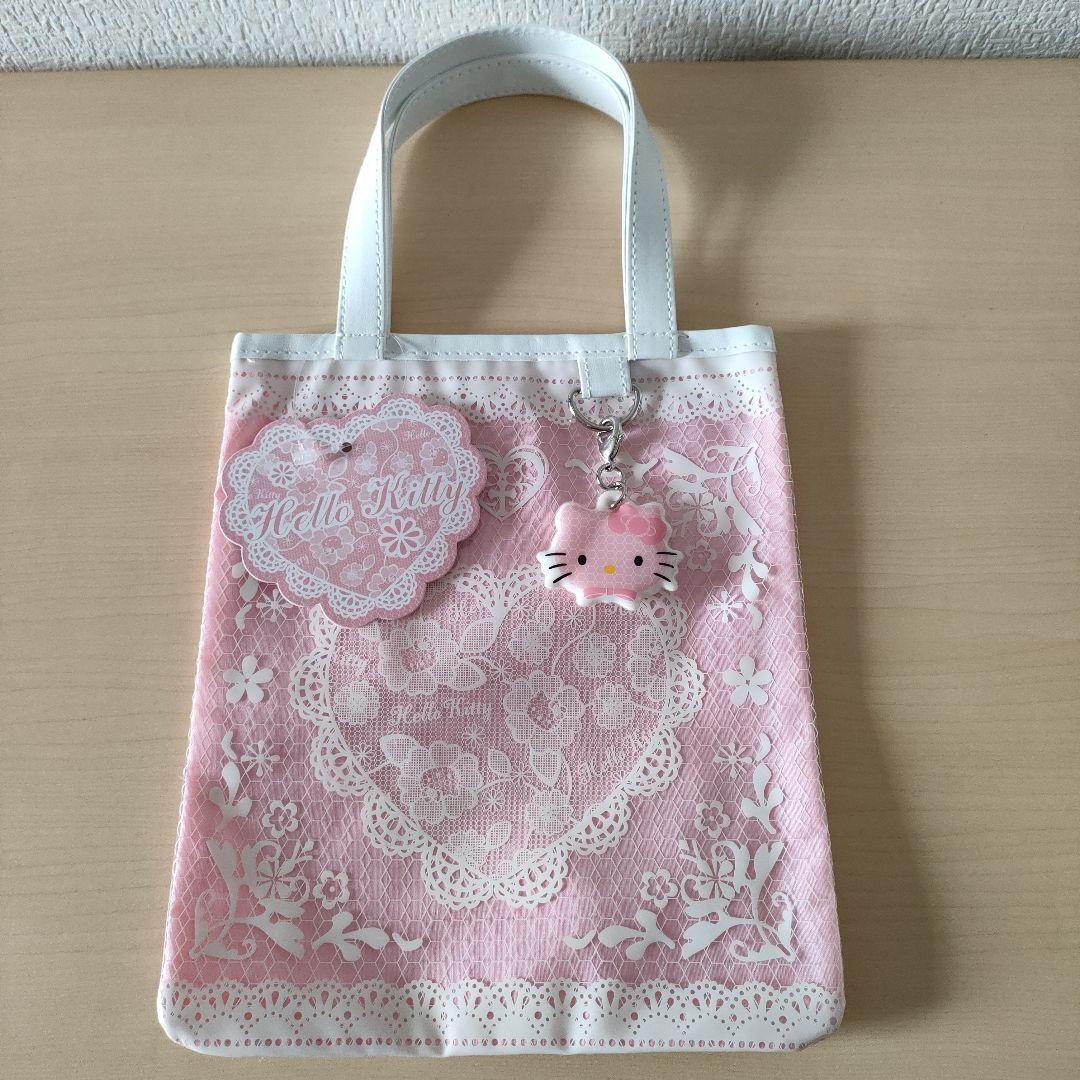 激レア　平成レトロ　キティ　チャーム付き　ミニトート　ビニールバッグ　レース柄