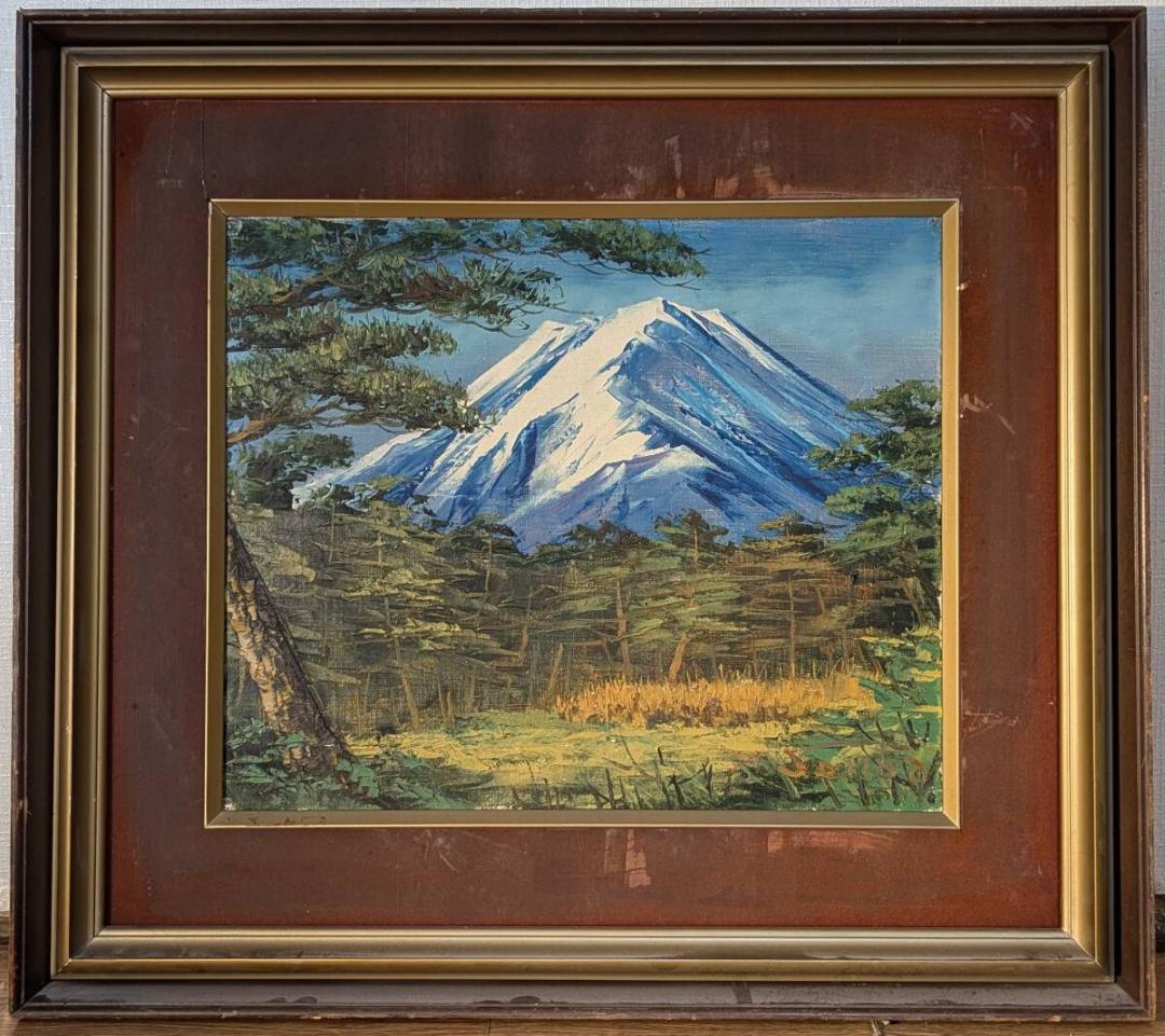 【真作】絵画　油彩8号　富士山遠望　雄大な風景と針葉樹林の構図　W49