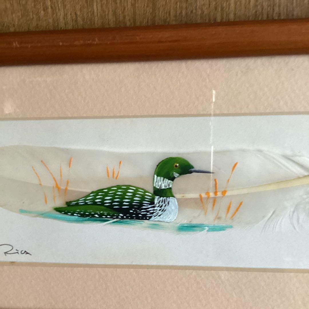 水彩画　　タイトル【　鴨　】鳥の羽に鴨の絵が描かれてます。壁掛け額装　直筆サイン