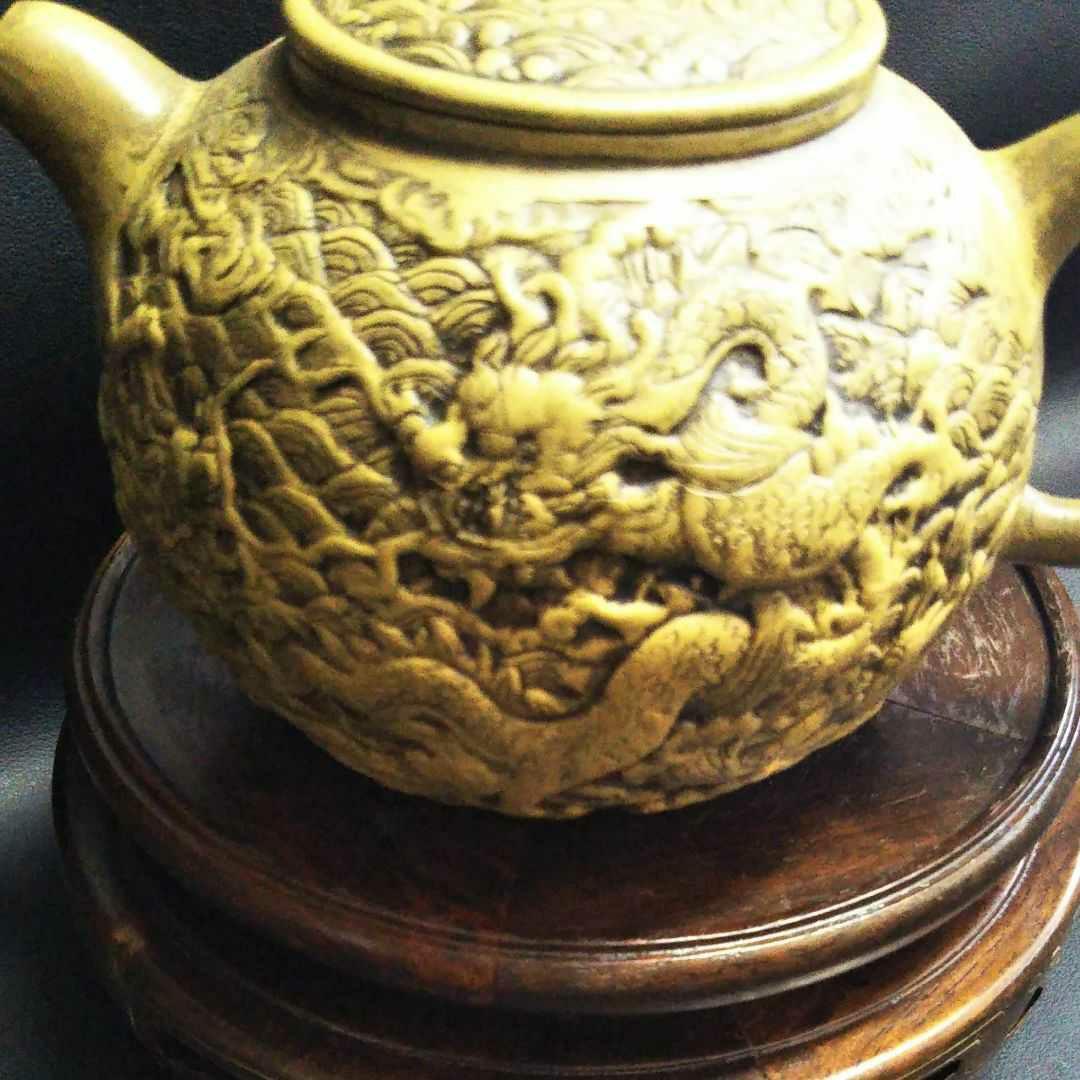 ※中国古美術/朱泥紫砂龍怒濤紋茶壺/大周陶藝工作室栄誉出品作品