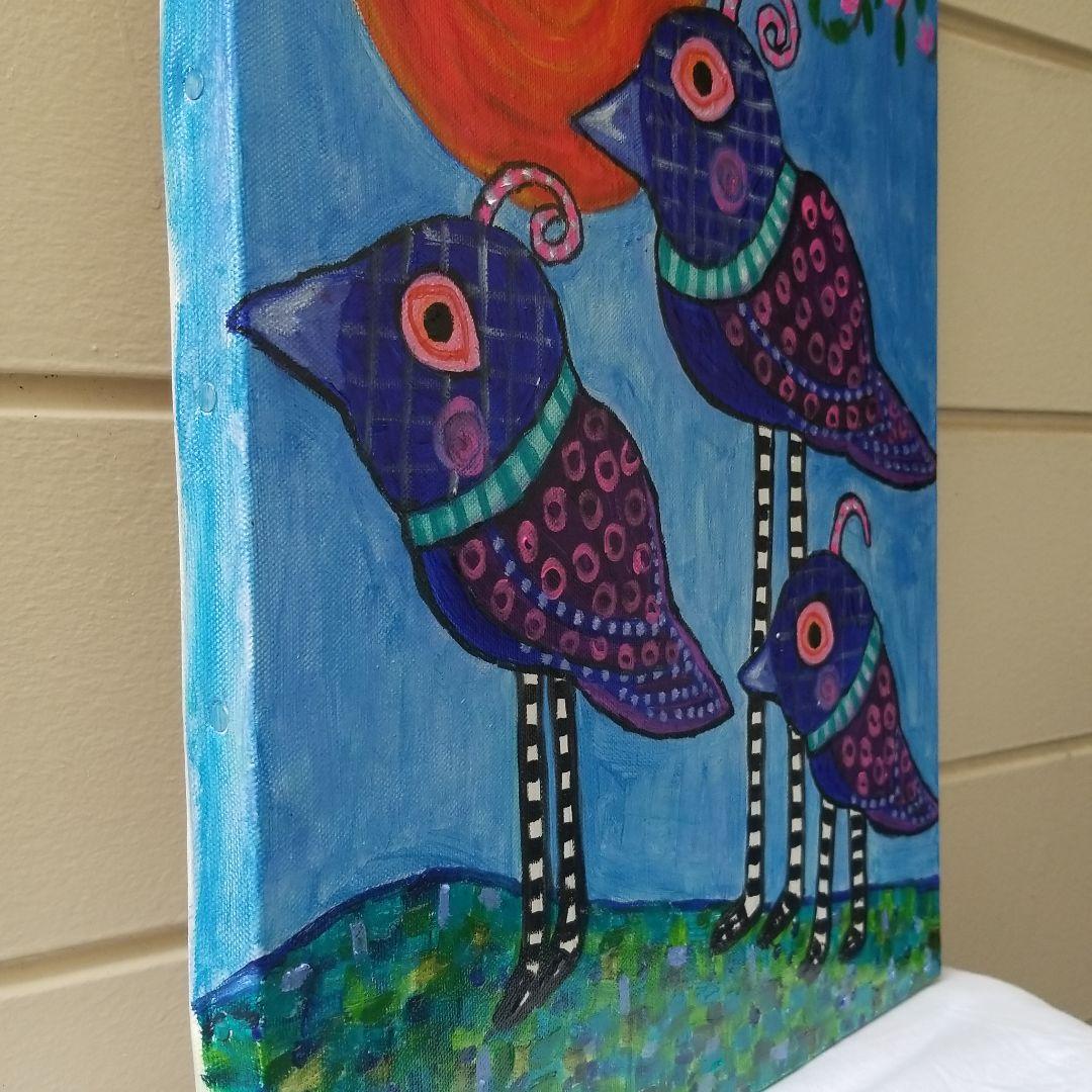 油絵　専用　旅に出る決意をする鳥の家族