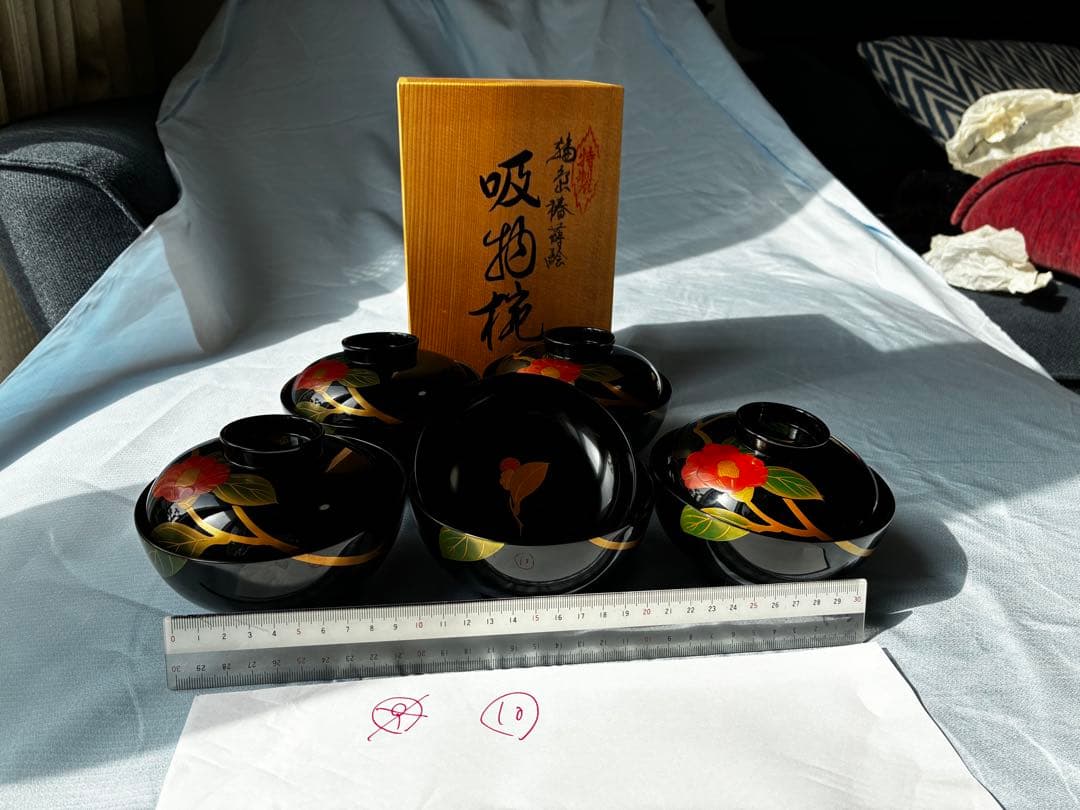 輪島塗 角知作 吸物椀 5客セット 共箱入 椿蒔絵 漆器 天然木 伝統工芸