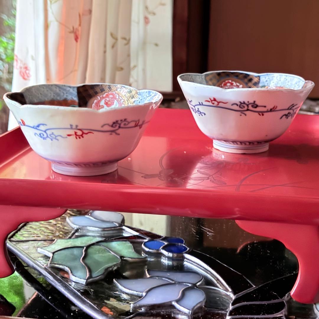 超限定価格‼️伊万里錦手向付おひたしにはこれ‼️桃手に鶴と竹六弁花在銘向付5客