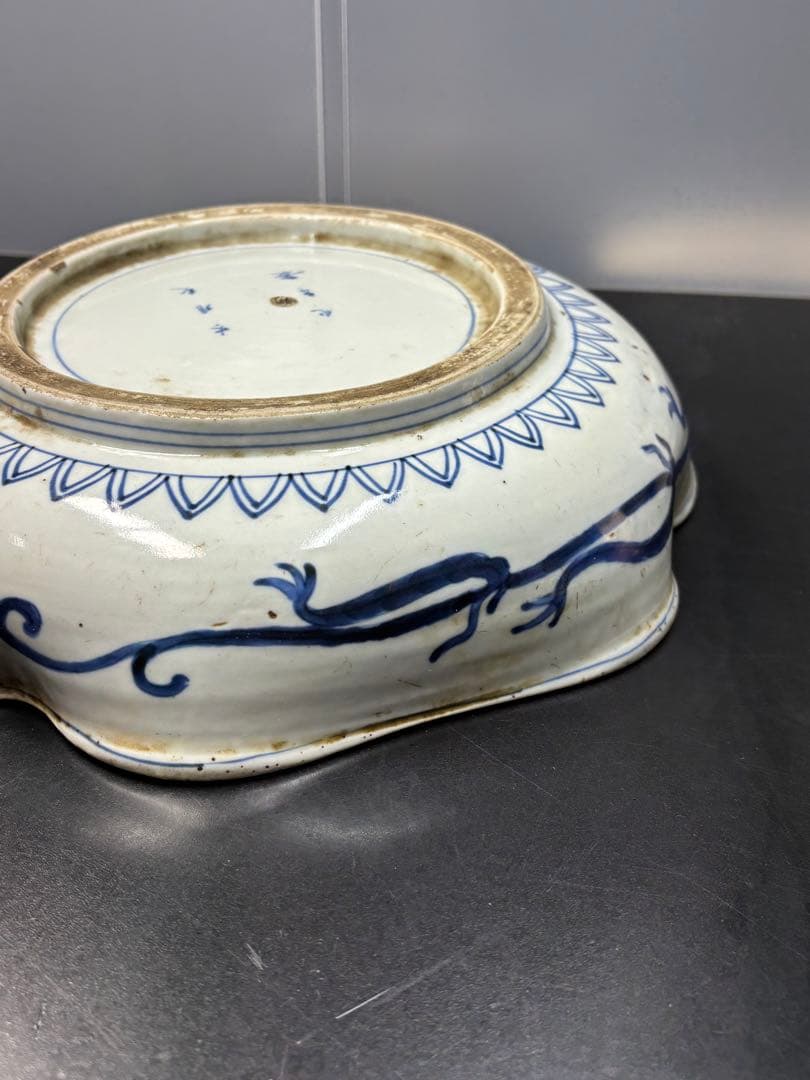 古伊万里 色絵 花唐草 龍 木瓜形 大皿 江戸期 希少品 陶器金彩 太明成化年製