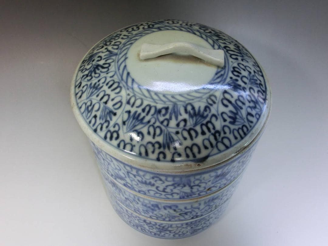 鉢■微塵唐草重鉢 蓋物 三段重鉢 古伊万里染付 菓子器 時代物 江戸期 骨董品■
