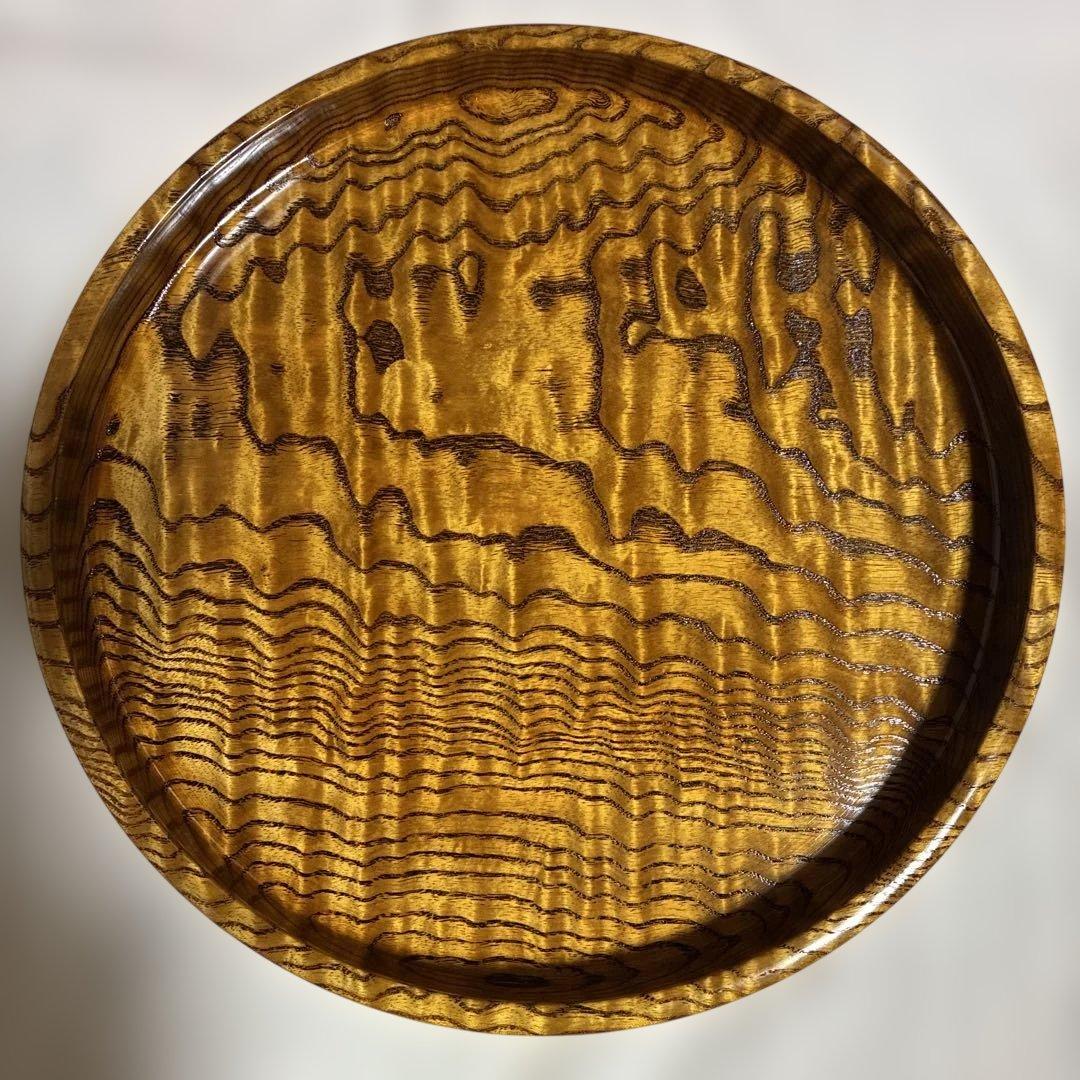 梻(タモ)製円形盆 黄褐色 木目模様 箱付き