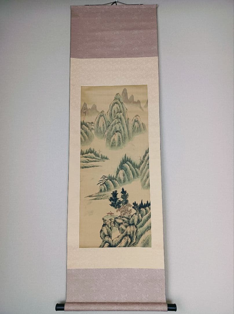 美品 軸 開運 縁起物 おもてなし 絵 龍脈 山水 滝 中国 五行 風水 美術