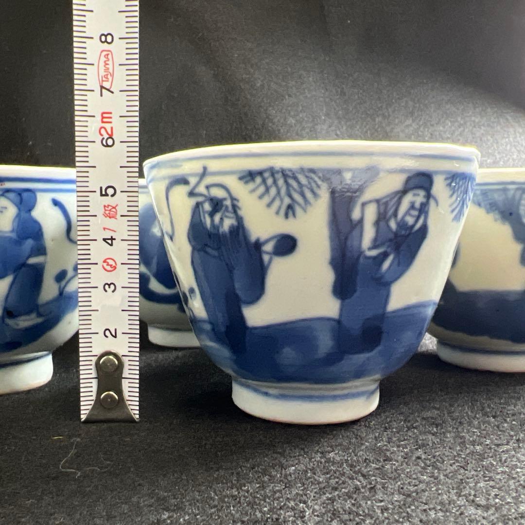 中国清時代　青花人物画煎茶碗5客　口径約7㎝　東Y8-0205☆2Fトヒカ
