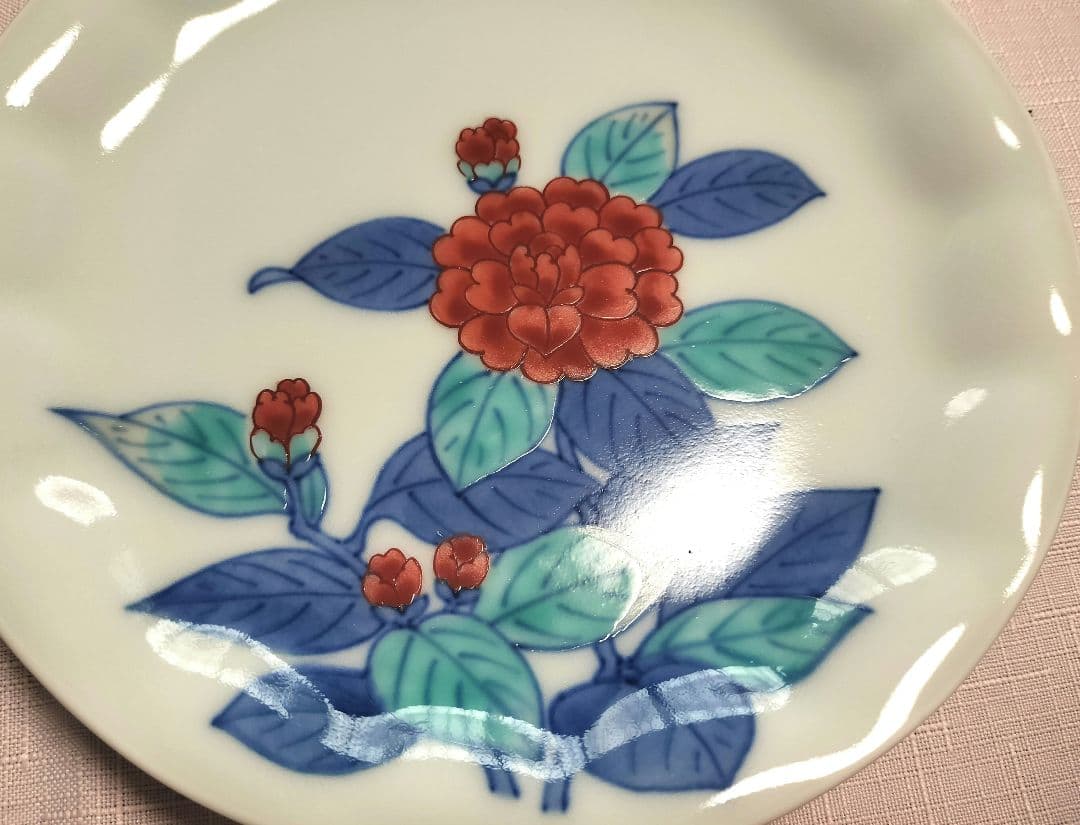 十三代今泉今右衛門　13代人間国宝の錦雪椿絵　銘々皿 5枚 木箱入り