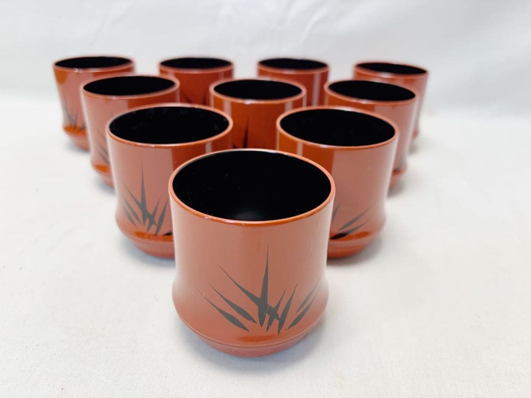 未使用 懐石道具 竹形朱塗箸洗 5客揃 黒竹蒔絵 内黒 和食器 小吸物椀 元箱