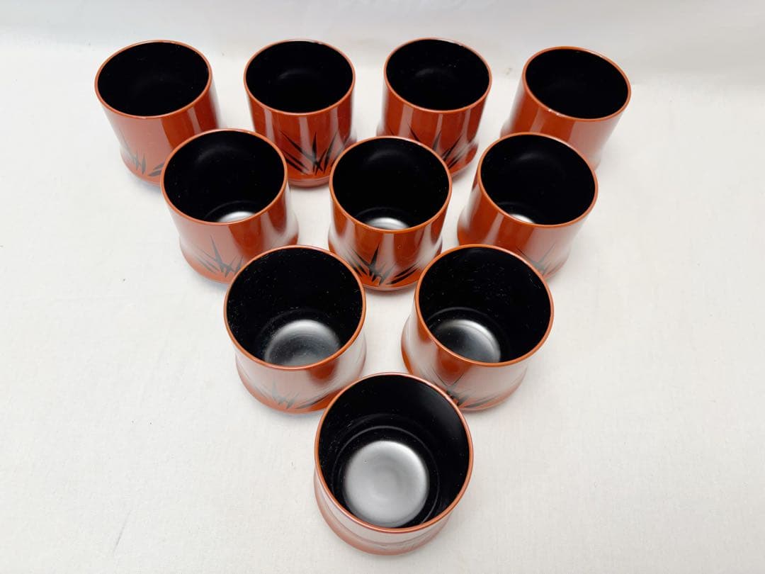 未使用 懐石道具 竹形朱塗箸洗 5客揃 黒竹蒔絵 内黒 和食器 小吸物椀 元箱