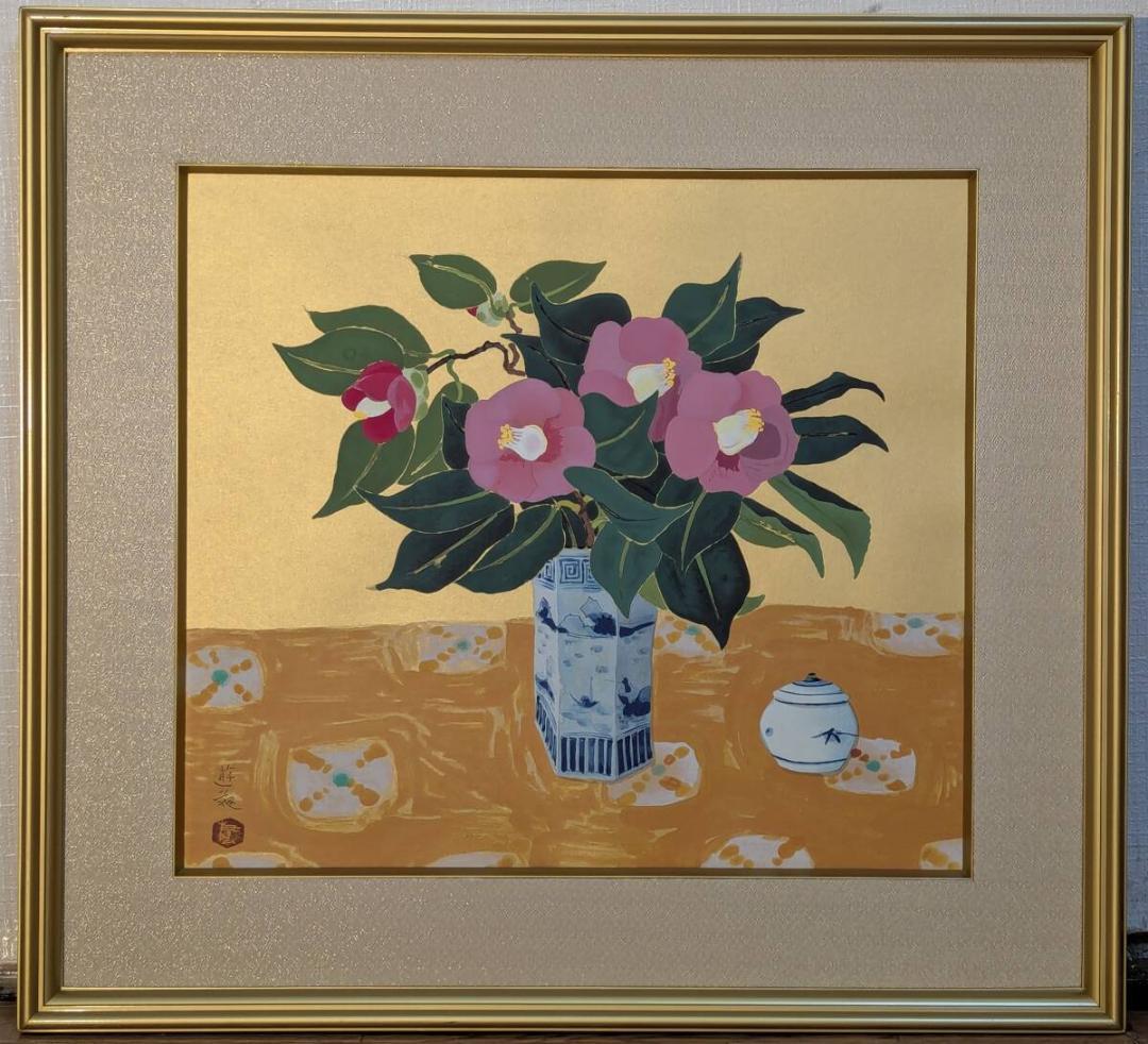 【真作】版画　小倉遊亀　木版画　椿　華やかに咲く吉祥の花　静物画作品　Z13