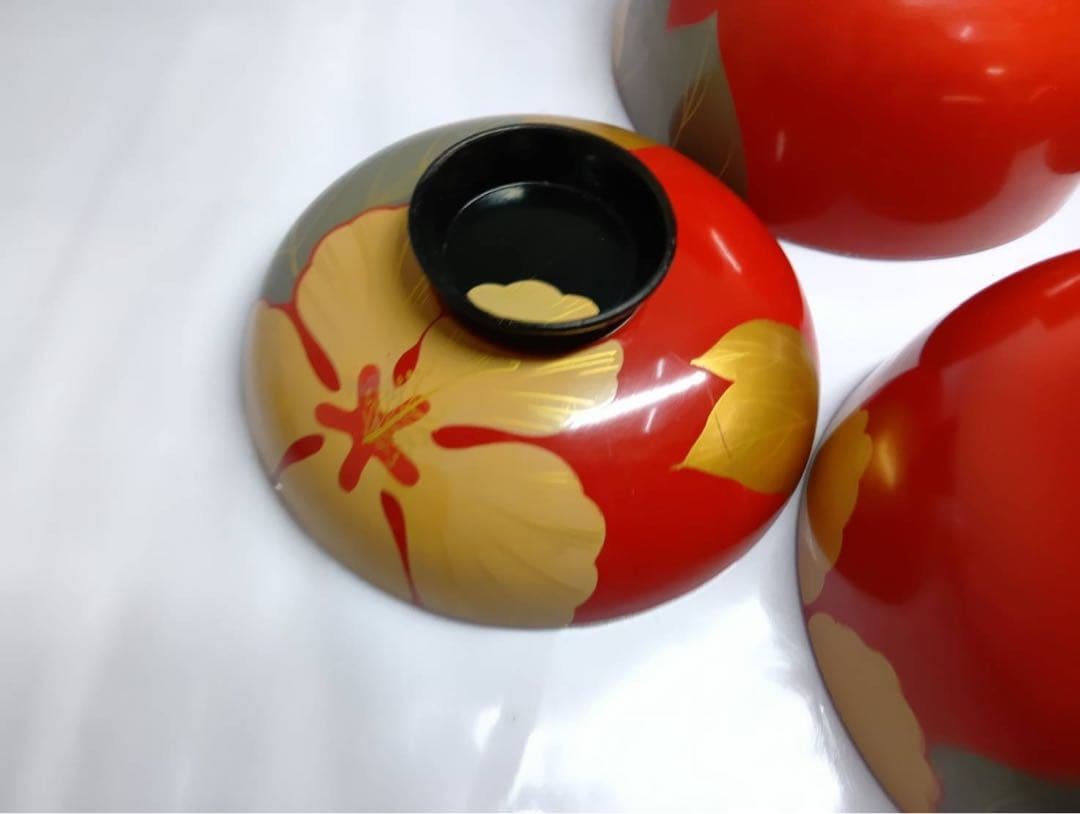 骨董 能登輪島塗 朱漆内黒 芙蓉花蒔絵 お椀 5客 レトロ アンティーク