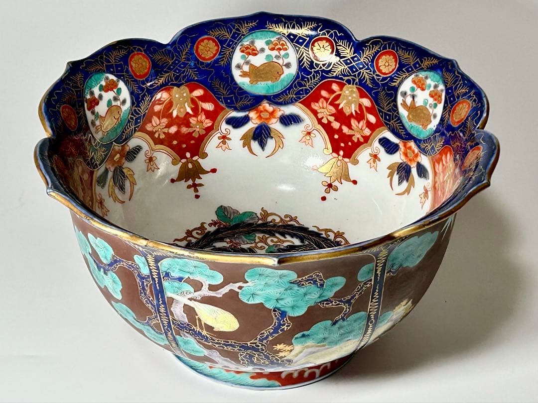 明治 香蘭社 染錦褐地三友鳳凰文輪花鉢 ブラックホーソン