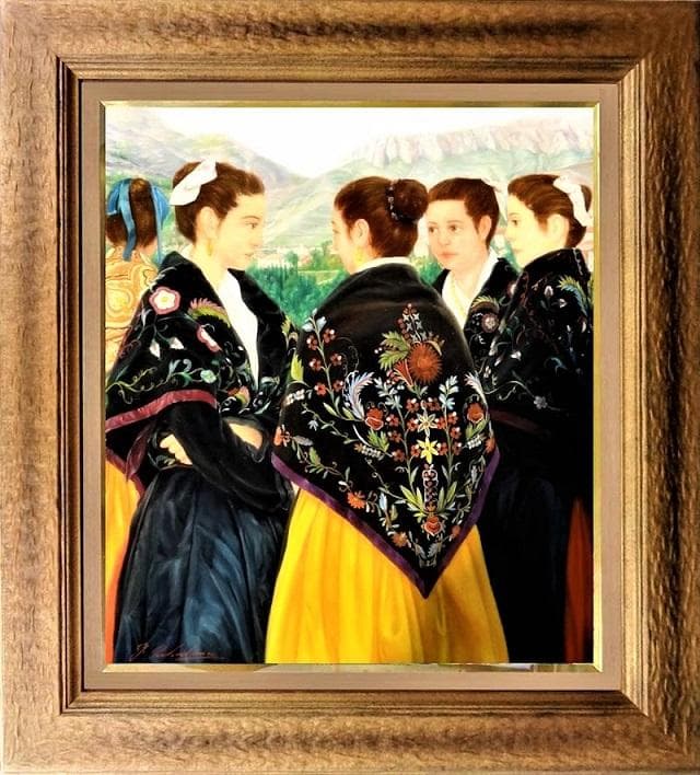 中島義行 タイトル 「カセレスの娘達」Ｆ10号沢山の娘たちを緻密に描写した力作