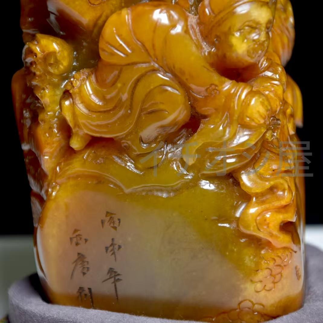 中国古美術 西唐銘 寿山田黄石彫 血絲紋 置物 極細工 古擺件 骨董品 時代物