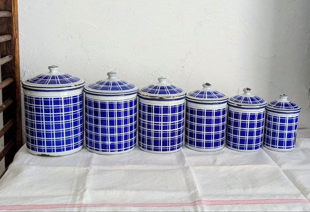 フランス BB社 ホーロー キャニスター フルセット青と白のチェック柄