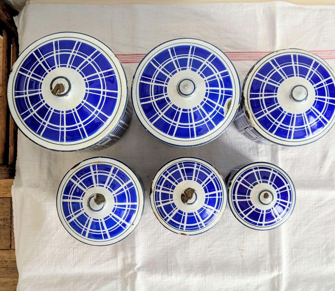 フランス BB社 ホーロー キャニスター フルセット青と白のチェック柄