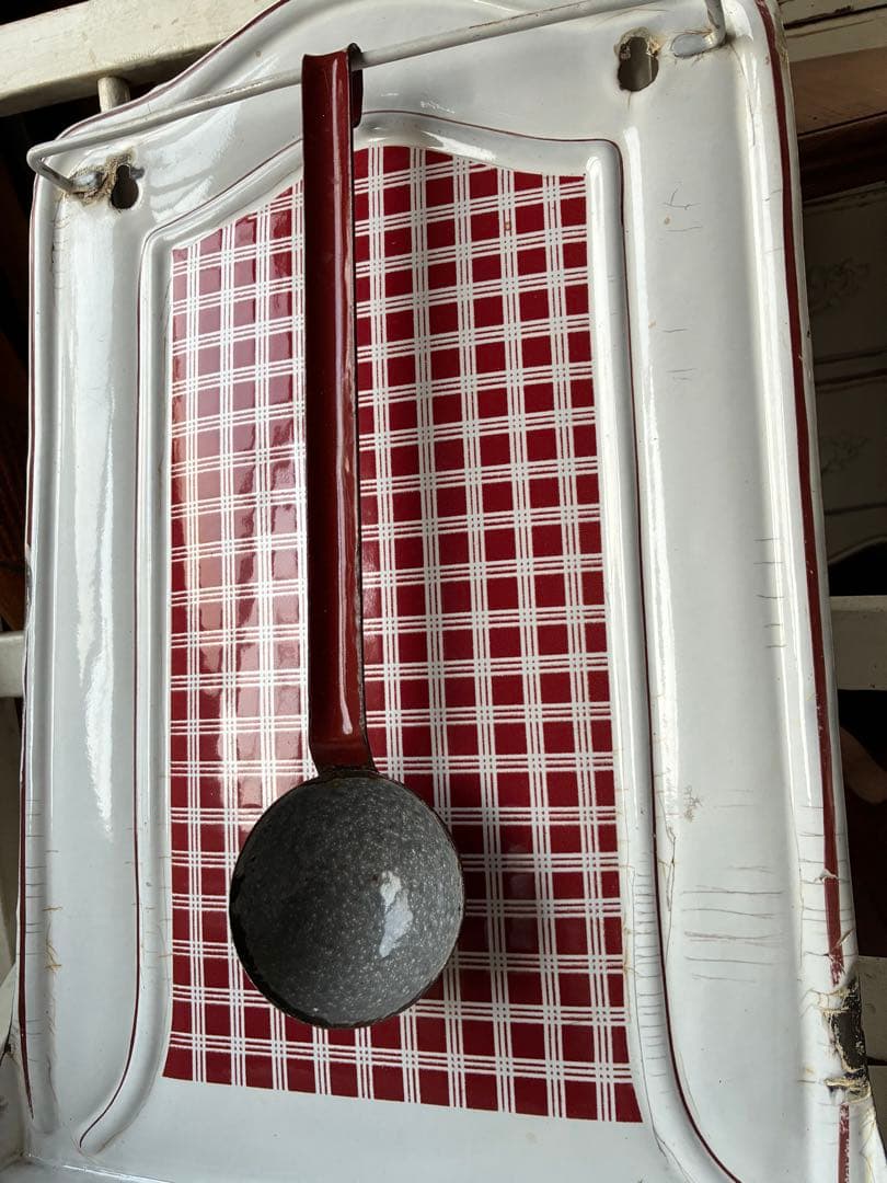 フランス　アンティーク　ホーロー　レードルラック　BB社　チェック　レードル付き