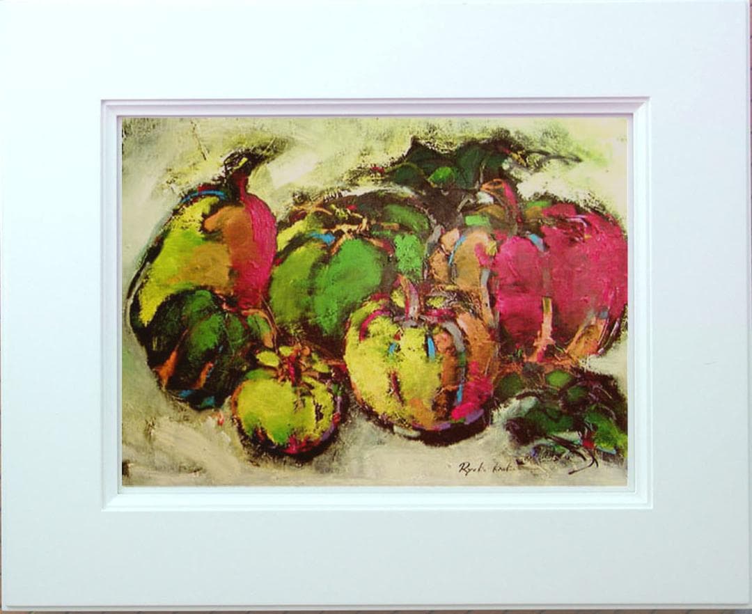 油絵 菅家令子絵 絵画インテリア額付(青緑＋金色の枠) uF6-061404果物