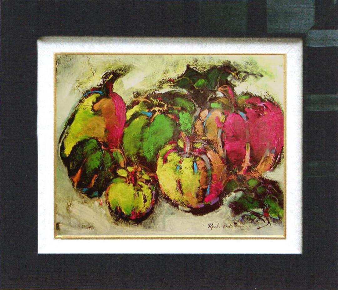 油絵 菅家令子絵 絵画インテリア額付(青緑＋金色の枠) uF6-061404果物