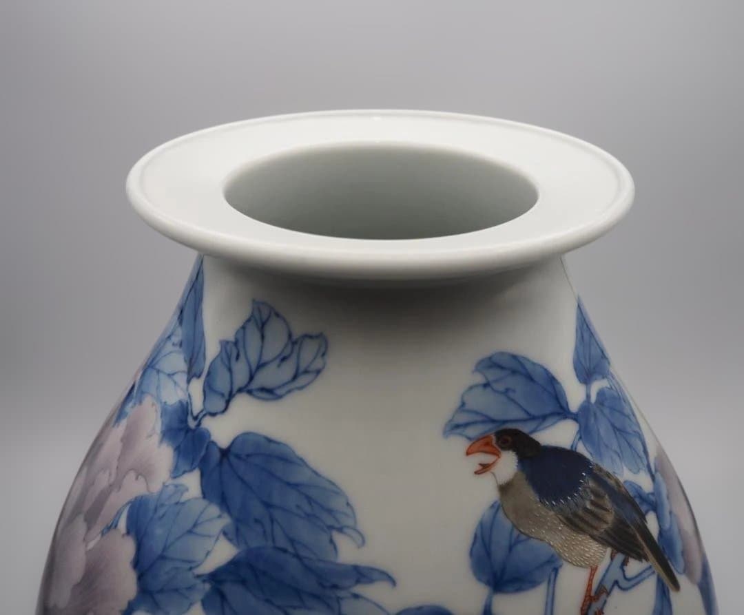 真葛香山 宮川香山 青華釉下彩花瓶 4鳥牡丹図 台付き