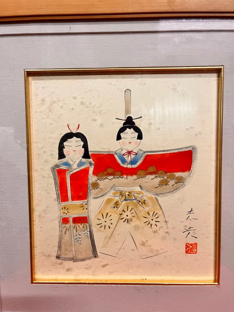 日本画 立雛 伝統的な衣装の人物 木製フレーム　作者分からず