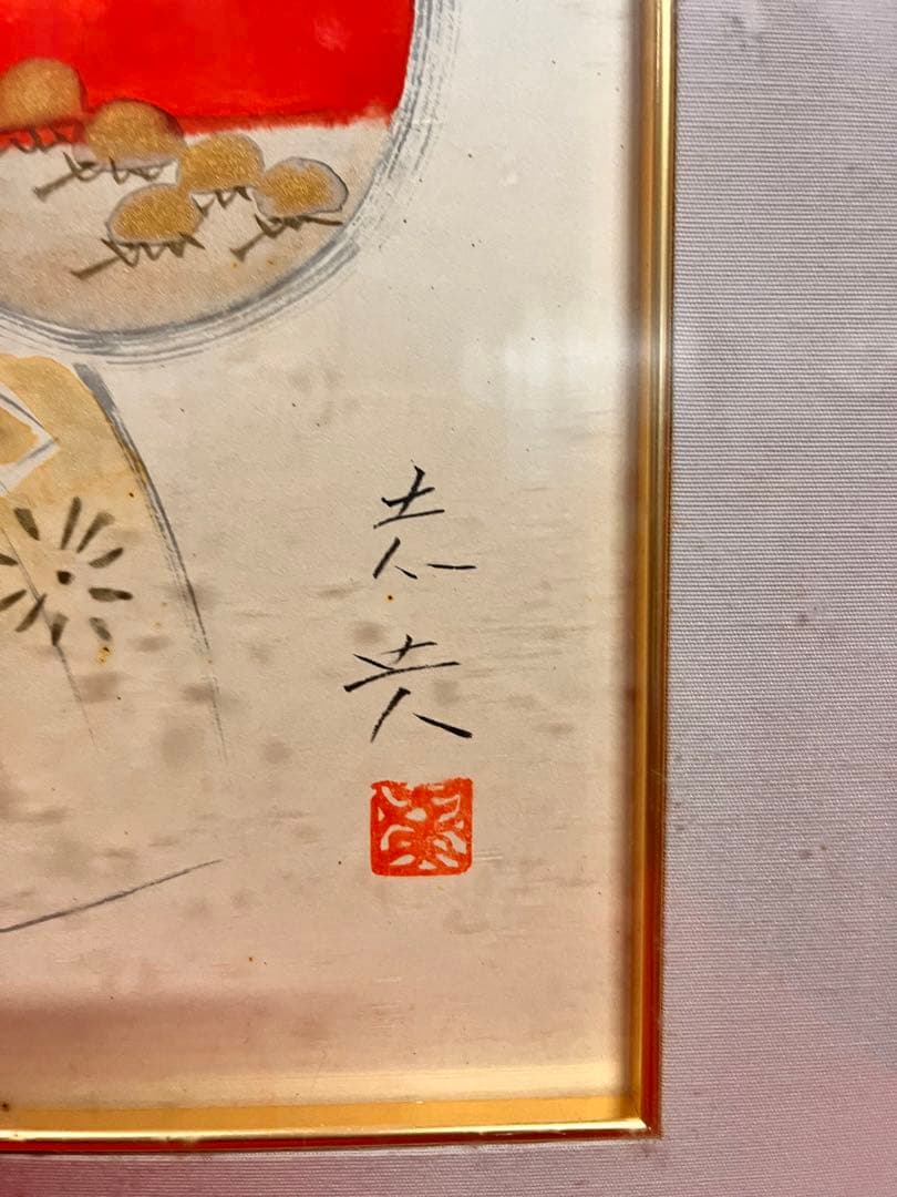 日本画 立雛 伝統的な衣装の人物 木製フレーム　作者分からず