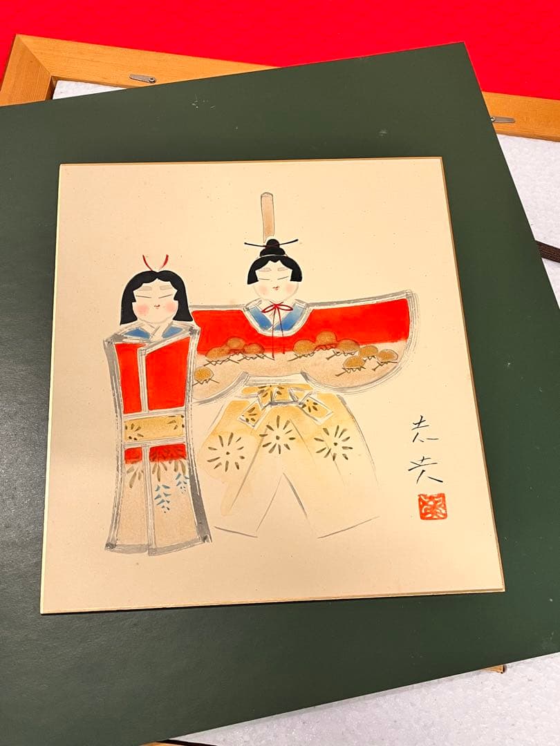 日本画 立雛 伝統的な衣装の人物 木製フレーム　作者分からず