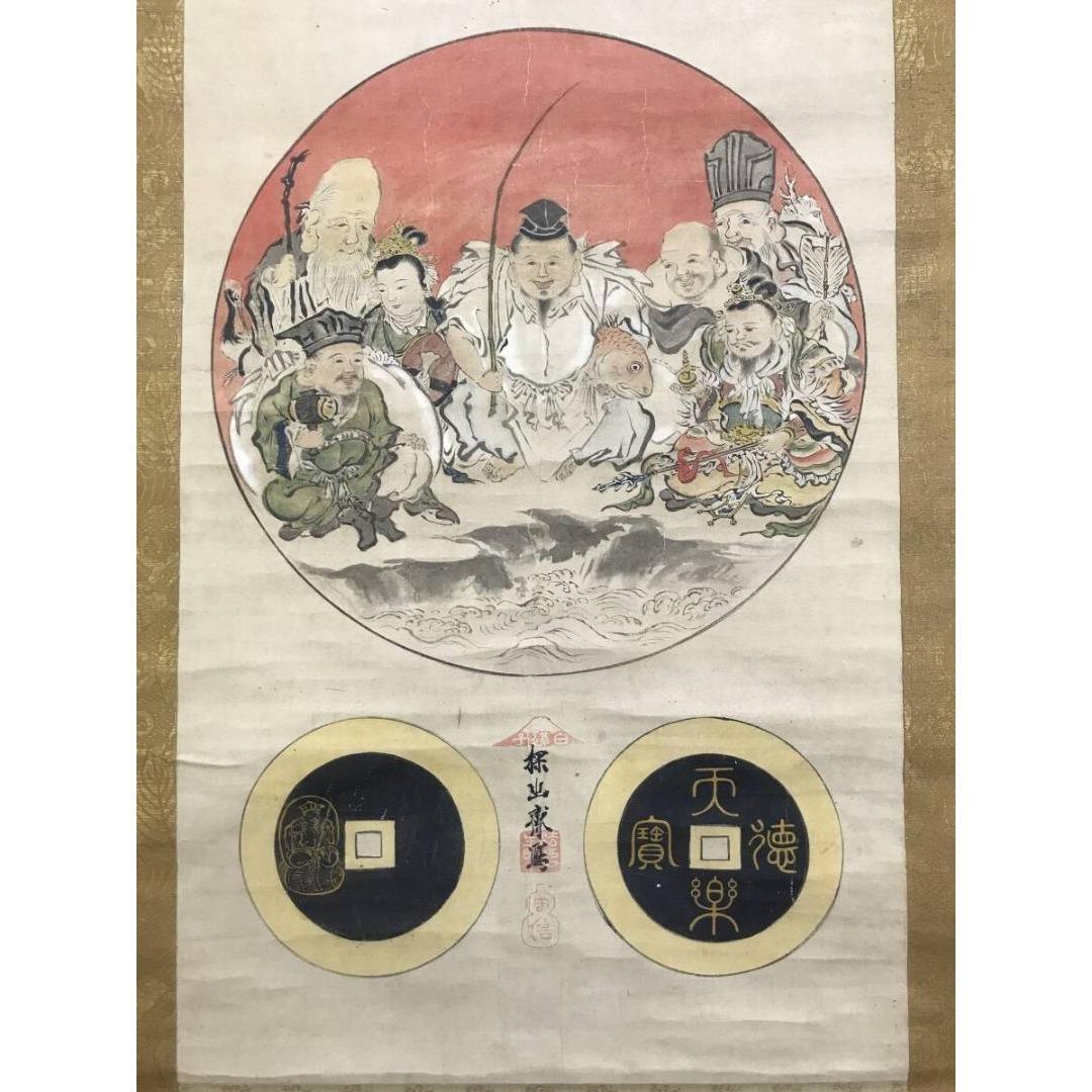 真作/狩野探幽/七福神図/祝掛軸/正月掛軸/人物図/掛軸☆宝船☆AK-614