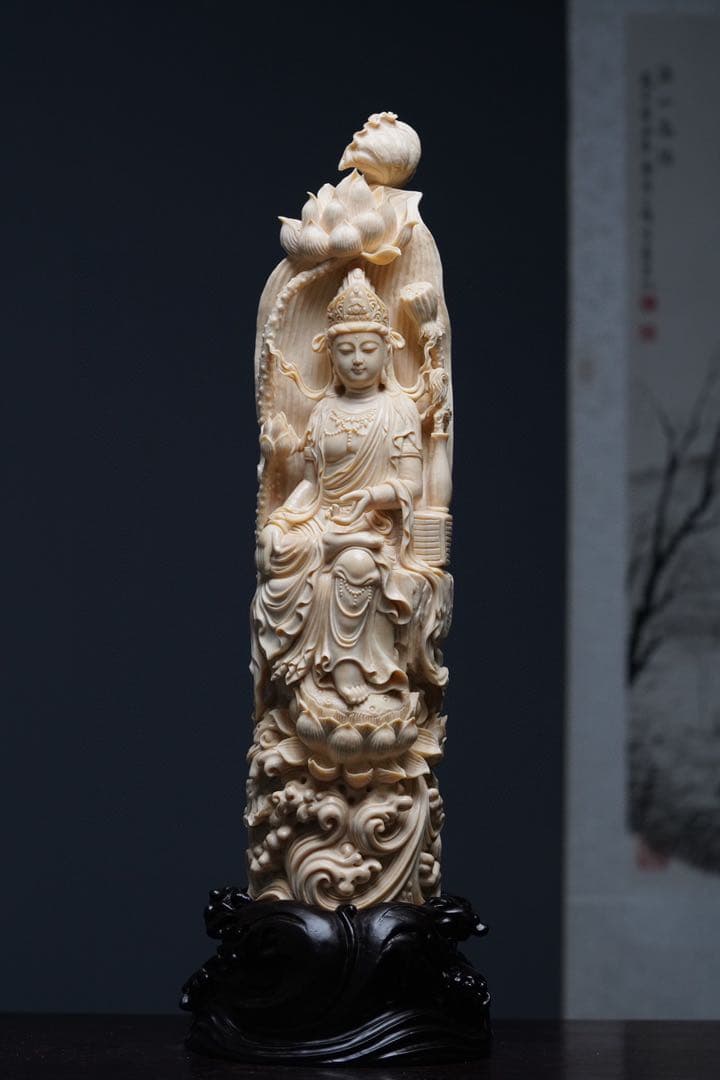 天然マンモス牙美しい手作り彫刻自在観音 置物