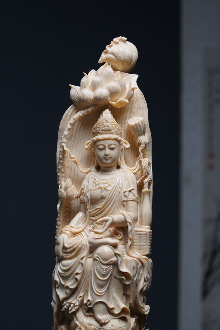 天然マンモス牙美しい手作り彫刻自在観音 置物