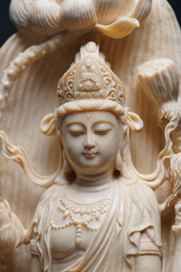 天然マンモス牙美しい手作り彫刻自在観音 置物