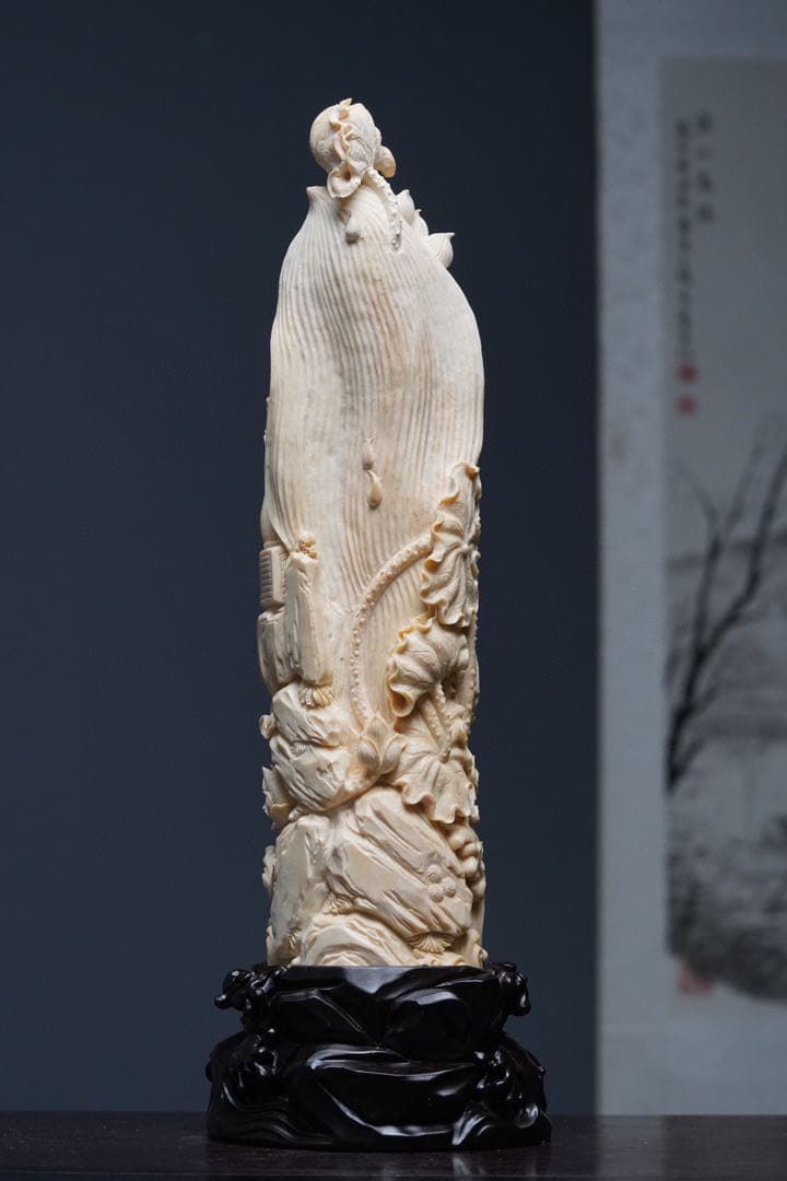 天然マンモス牙美しい手作り彫刻自在観音 置物