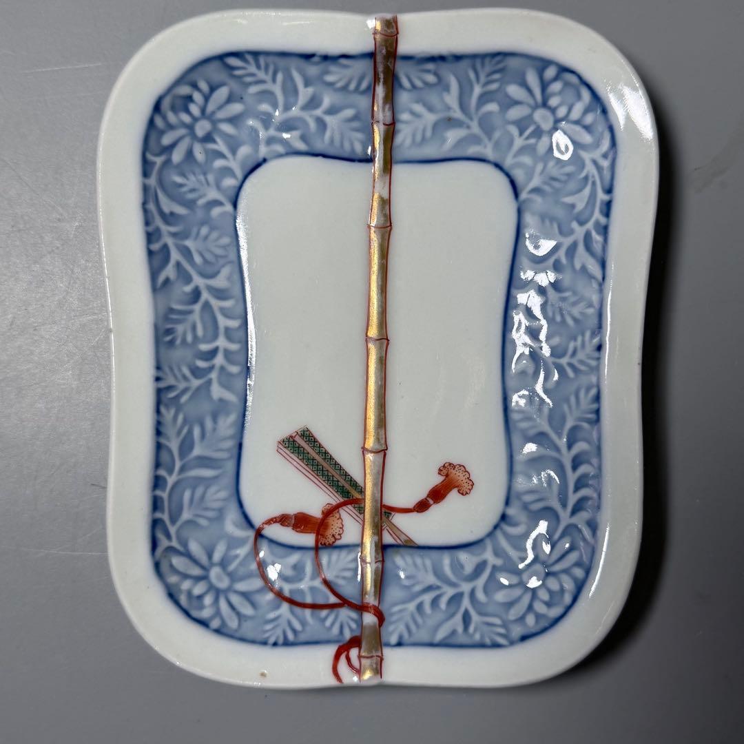 明治時代　有田焼　岩松平吾　色絵軍配形皿　五枚　角岩印　陽刻　珍品　残り僅か