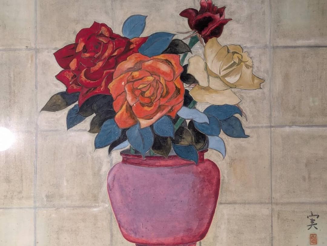 【真作】絵画　田中実　日本画10号　赤・橙・白の薔薇　華麗な花瓶図　Z27