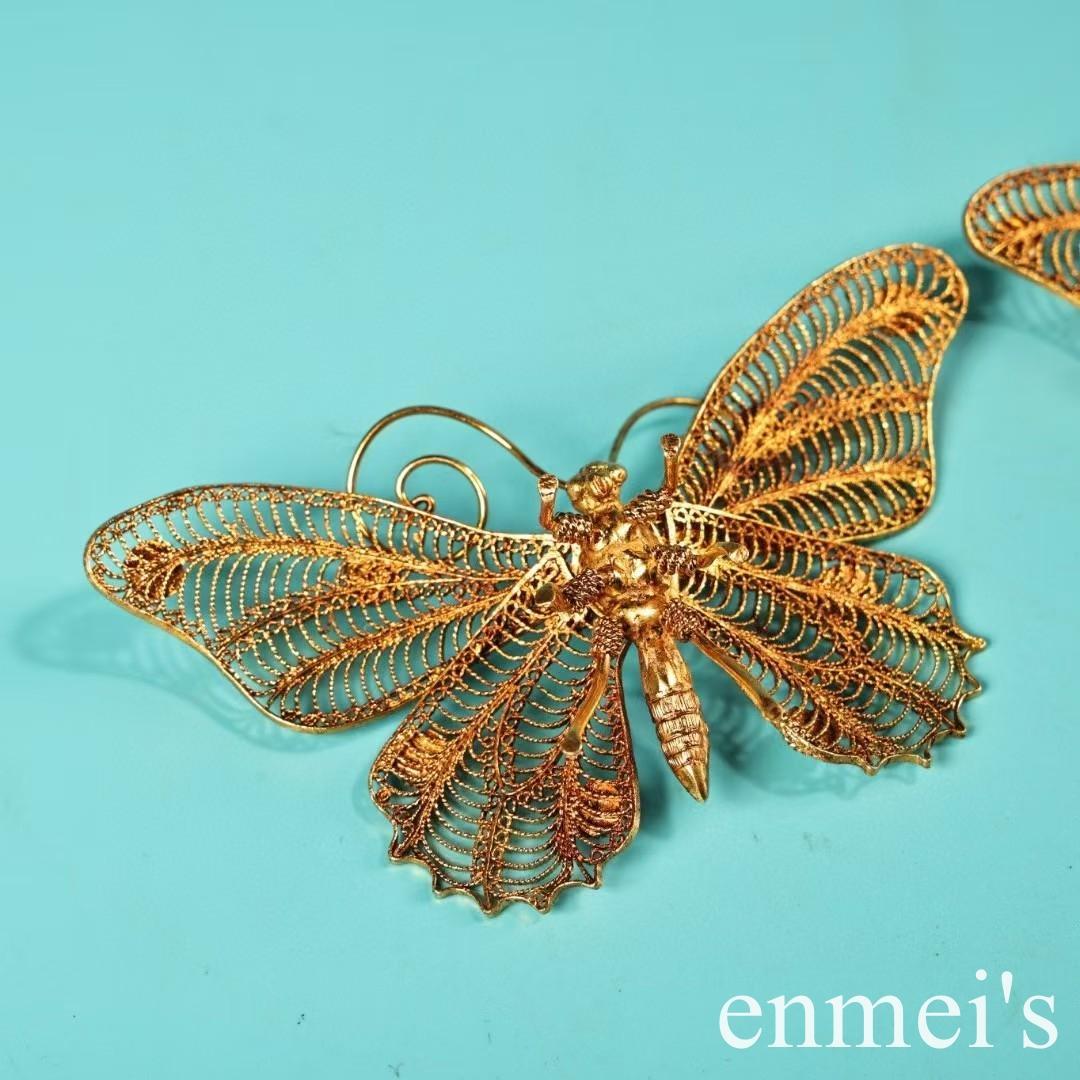 中国古美術・旧蔵掐絲工芸鎏金宝石を嵌め込んだ蝶・純銅制・茶道具・装飾品・案頭