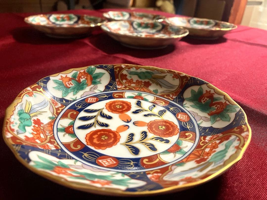 前畑 庫山 古伊万里 金彩花鳥色絵 5客 色絵