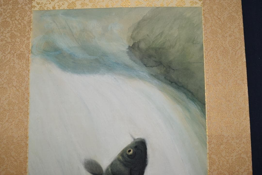 【真作】山本紅雲/鯉滝昇図/滝登鯉/飛鯉図/掛軸☆宝船☆Z-698