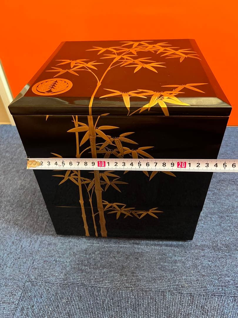 937 黒漆塗り沈金重箱　金蒔絵　竹　3重　高級　美品