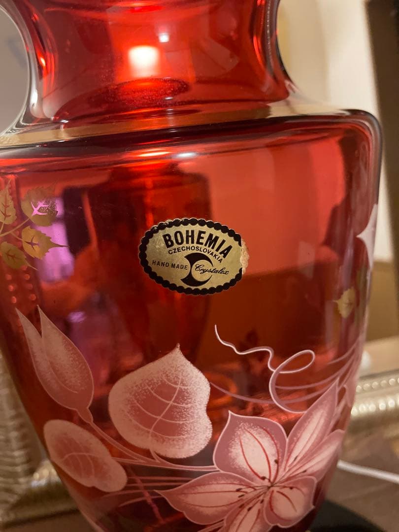 未使用BOHEMIA ◆【花器】ボヘミア/手描き フラワーベースボルドー