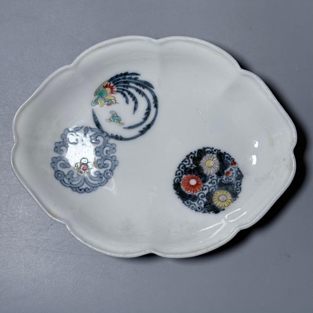 大正〜昭和初期　十二代柿右衛門　錦　丸文様　鳳凰文　変形皿　角福　5枚　希少な器