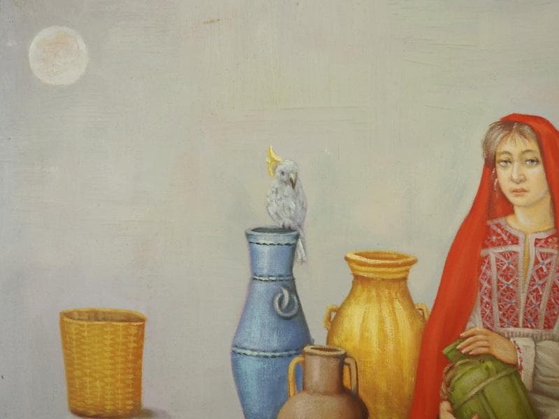 【新春売り】人物画　油絵　栗原喜依子　白い月　F8　額付き　手描き　肉筆