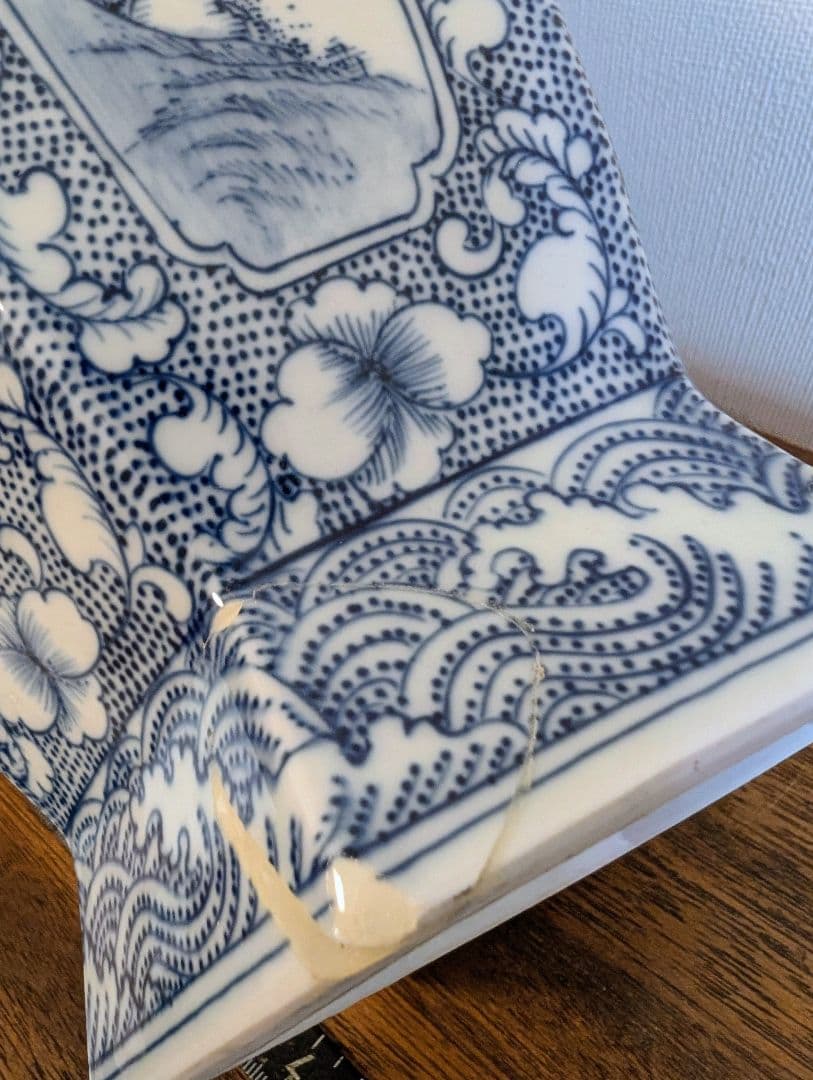 大清乾隆年製　青花山水細密画　六角花瓶　直しあり　中国工芸品　骨董品