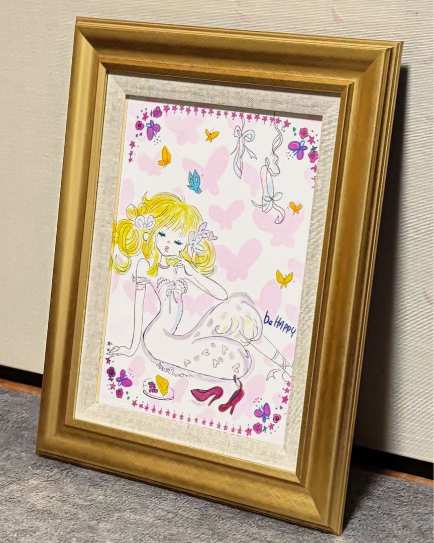 【F4号】手描き油彩画　水森亜土　額縁　未使用額　絵画　サイン　人気作家　女性