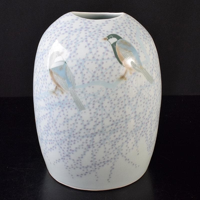 益子焼　室町勝廣作　彩象嵌　野鳥文　扁壷　共箱　M　R7930B