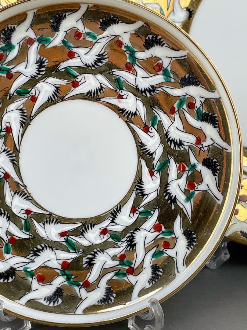 【希少】九谷焼 1000クレーン 鶴 カップ ソーサー 2プレート セット